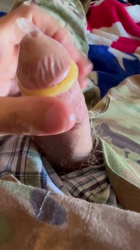 US army soldier jerks off in boxer shorts wearing his uniform and in a condom!   Clip 1