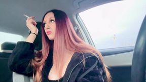 Italian Long Hair Big Tits Milf Cigarette Smoking in the car Showing her nipple