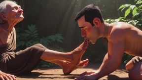 Submissive Man Serving Elderly Women’s Feet in Nursing Home