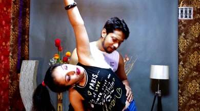 Passionate encounters between diverse lovers in a lavish floral-decorated chamber
