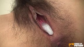 Japanese babe gets her bush pumped and creampied POV