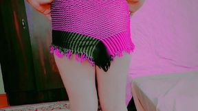 Playful Trans Beauty Hiding Behind Sheer Lace Curtain