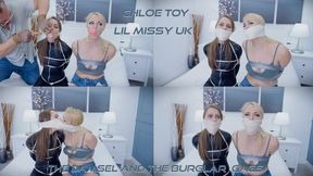 Chloe & Missy - Interrogation Tapes: Double Gagged & Bound Burglars Unmasked! H265 4K ( double bondage, clear tape gag, microfoam gag, OTM gag, interrogation struggle, squirming captives, truth revealed, bound and gagged, confession, helpless burglar,