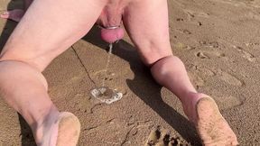 Piss in a chastity cage outdoors in front of his wife