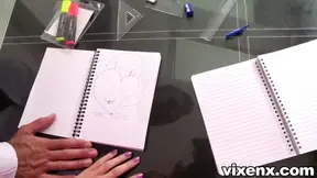 Two teens give English teacher with big cock double blowjob