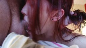 Wonderfully beautiful hot redhead gives an incredibly hot blowjob in a hotel room