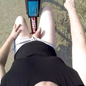 Naked and horny in public - POV cam - Riding nude in nature, shaved body, exhibitionist masturbate to cumshot