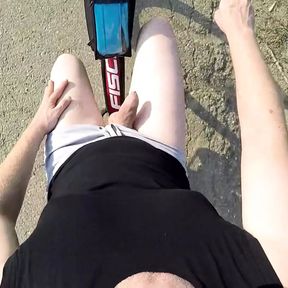 Naked and horny in public - POV cam - Riding nude in nature, shaved body, exhibitionist masturbate to cumshot