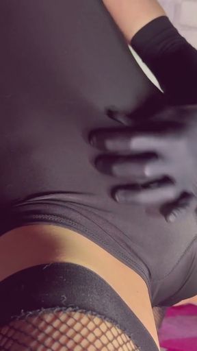 Sporty Femboy In Tight Romper Dress Strokes Her Huge Dick, Spanks a Firm Butt, Jerks Off And Cums   Clip 2