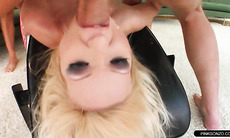 Dumpy blonde gets her mouth hole fully destroyed in threesome