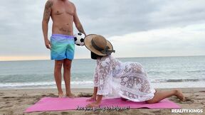 Satisfying latin Alika Penagos tries to do a yoga video on the beach