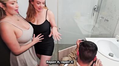 Plumber leaves pipes in for threesome after hot milf lesbians beg for a cock