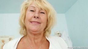 Emotional blond old nurse Greta polishes her quim with a sex toy ardently