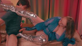 Big Ass Facesitting Handjob- Latina MILF Edges Skinny Guy&amp; Makes Him Taste Cum, in raincoat, thigh-high boots, leather glove