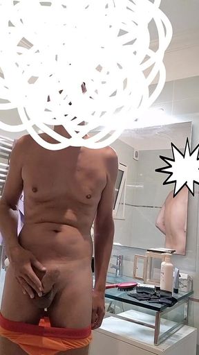 Getting Horny in My Orange Briefs and Jerking off with Cumshot on My Belly