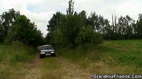 Granny and boys teen outdoor threesome