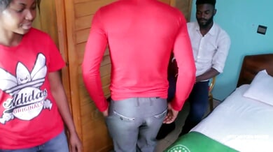Two Black men and one woman engage in a bisexual gangbang with double anal and creampie