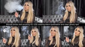 Blonde bimbo doll smoking VS 120s wearing black eyeshadow and clear glossy lips!