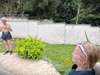 Grandma has bad intentions and convinces gardener to let her bang him in the ass with the thong-on