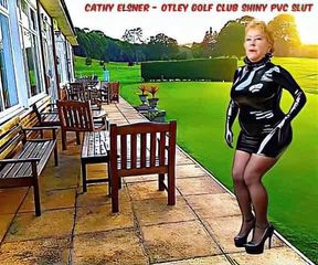 Golf Club Slut Shiny PVC Plastic Skirt High Heels Stocking Slut Granny Golf Member outdoors in Public at the golf Clubhouse exposed parading in a Plastic Shiny pvc Costume Clothing and high heels on the golf clubhouse patio Porn Slut dressed in PVC