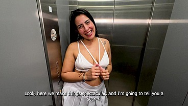 Curvy MILF neighbor gets seduced by a BBC in her building's elevator and has interracial sex in public, ending in a creampie! FULL VIDEO