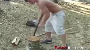 Multiple twinks exercising nude and giving blowjobs outside