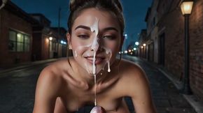 Penny's Bunned Hair Frames Her Cum-Covered Smile In The Alley