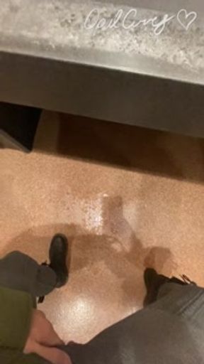 Naughty Slut wearing Crotchless Leggings sprays a Public Bathroom floor with Piss!