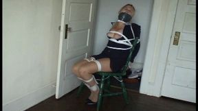 Pantyhosed Business Suit and Skirt Mouth Packed Tape Wrapped Tied with Lots of Rope