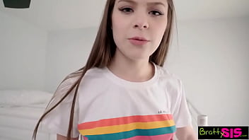 Cute brunette stepsister bounces on bed and enjoys fucking [spanish]