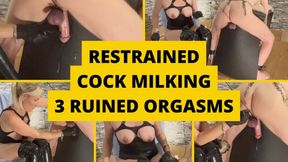 Mistress ruins 3 orgasms milking subs cock restrained to a workbench