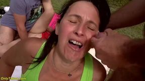 Exciting Outdoor Workout: Mature Group Fun in Spandex!