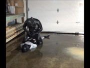 gasmasked frogman humping captured jock dummy in his flooded lair