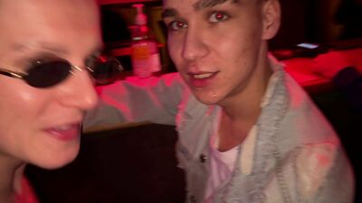 2 guys cum in mouth and ass of fagot in gay club