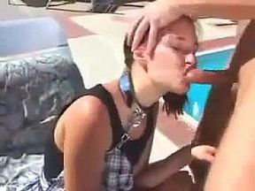 Redhead anal slave on the poolside