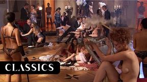 Brunette submissive gets tied up, facialized & gangbanged in an XXL orgy