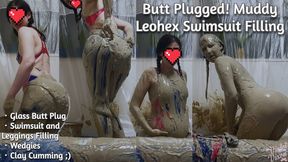 Leohex Swimsuit Filling in Mud+plug+dildo Front Angle