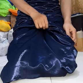 Asian crossdresser masturbate and cum inside satin blue long gown with silky lining