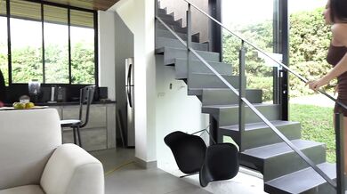 Big ass Latina fucks with her muscular boyfriend in the stairwell while her mom doesn't see them