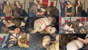 Trans girl Ladyboy in a sable fur coat fucks her gf in a muskrat fur coat.