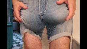 Jeans shorts bulging freeballing