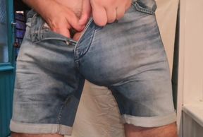Jeans shorts bulging freeballing