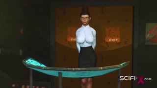 I just want your dick! Female robot shemale fucks a sexy cuffed busty brunette in the sci-fi lab
