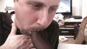 Feet in pantyhose stuffed in slave's mouth