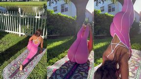 sweaty yoga stretching in tight bodysuit