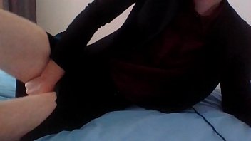 Secretary crossdresser gets horny after work in her silk blouse and black skirt