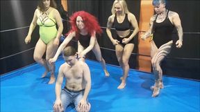 2 muscular girls and 2 female wrestlers tie up a guy in a match part 2 (young guy)