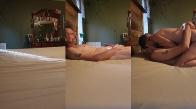 Blonde milf rides husband's cock and ends up in laughter, outakes