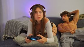 Gamer girl sucks cock and welcomes hard fast fucked while playing console