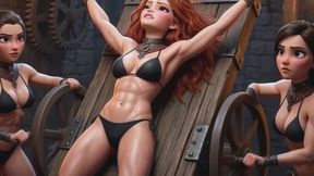 sexy red head animated babe is tied to a rack in the dungeon and stretched slowly by two kinky fetishists in BDSM bondage